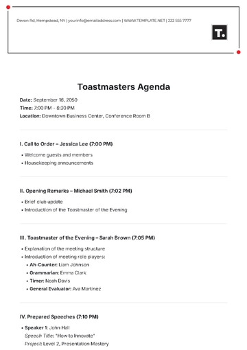 Free Toastmasters Agenda Template to Edit Online