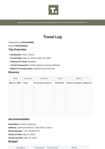 Free Travel Log Template to Edit Online