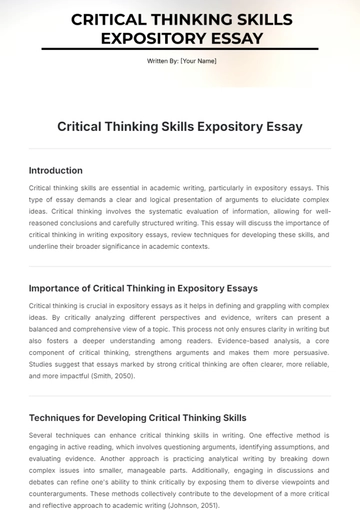 Free Critical Thinking Skills Expository Essay Template to Edit Online