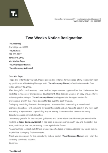 Free Two Weeks??? Notice Resignation Template to Edit Online