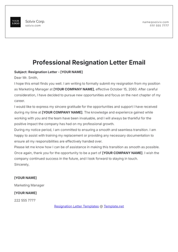 Free Professional Resignation Letter Email Template to Edit Online