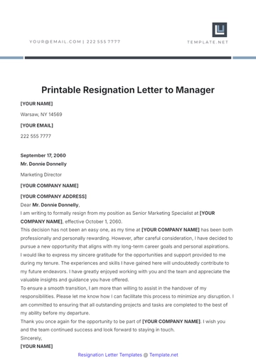 Free Printable Resignation Letter to Manager Template to Edit Online