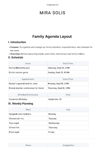 Free Family Agenda Layout Template to Edit Online