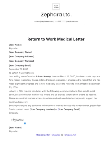 Free Return to Work Medical Letter Template to Edit Online
