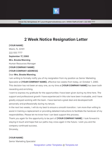 Free 2 Week Notice Resignation Letter Template to Edit Online