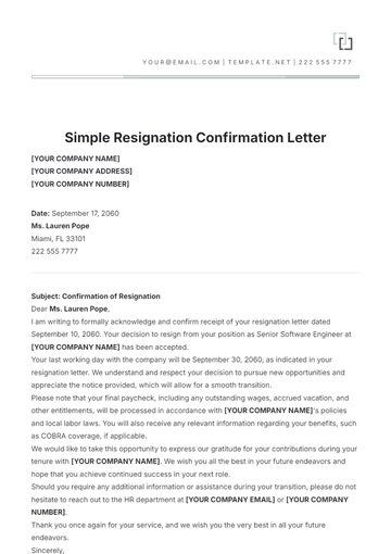 Free Simple Resignation Confirmation Letter Template to Edit Online