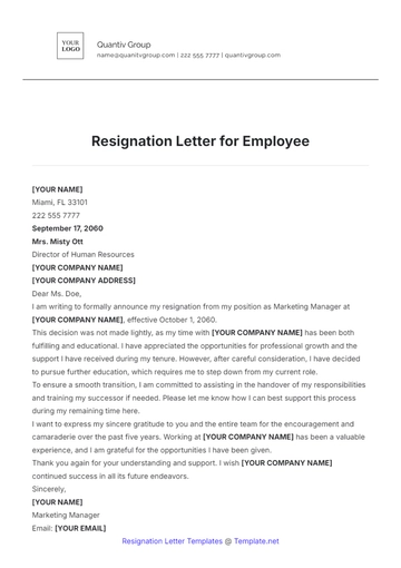 Free Resignation Letter for Employee Template to Edit Online