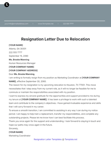 Free Resignation Letter Due to Relocation Template to Edit Online