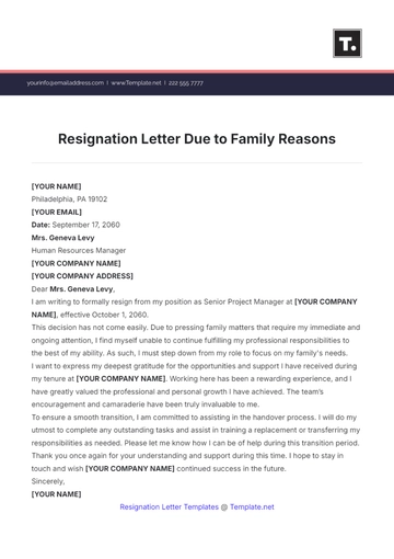 Free Resignation Letter Due to Family Reasons Template to Edit Online