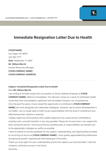 Free Immediate Resignation Letter Due to Health Template to Edit Online
