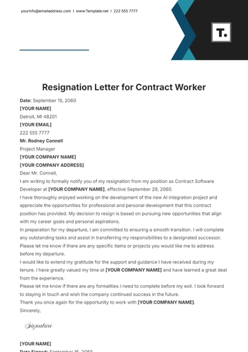 Free Resignation Letter for Contract Worker Template to Edit Online