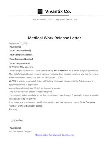 Free Medical Work Release Letter Template to Edit Online