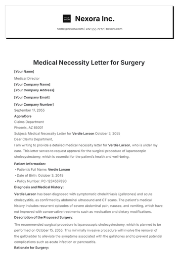 Free Medical Necessity Letter for Surgery Template to Edit Online