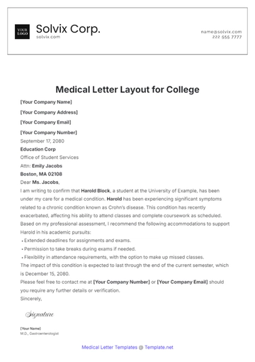 Free Medical Letter Layout for College Template to Edit Online