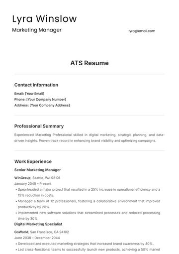 Free ATS Resume Template to Edit Online