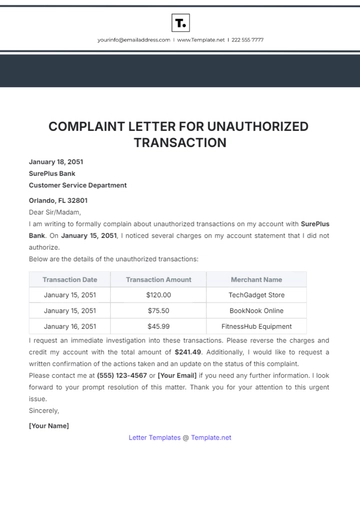 Free Complaint Letter Template for Unauthorized Transactions to Edit Online