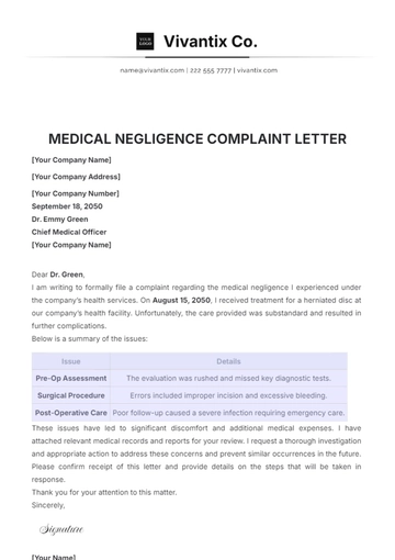 Free Medical Negligence Complaint Letter Template to Edit Online