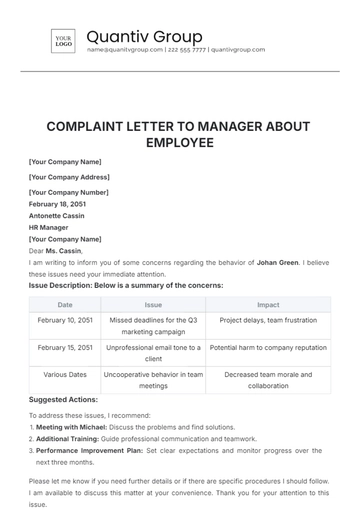Free Complaint Letter Template to Manager About Employee to Edit Online