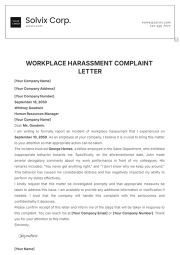 Free Workplace Harassment Complaint Letter Template to Edit Online