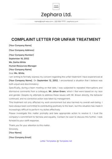 Free Complaint Letter for Unfair Treatment Template to Edit Online