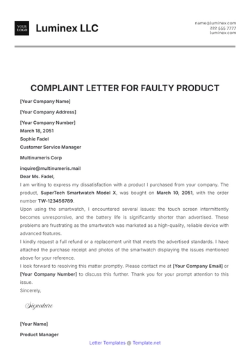 Free Complaint Letter for Faulty Product Template to Edit Online