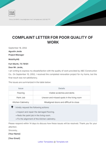 Free Complaint Letter Template for Poor Quality of Work to Edit Online