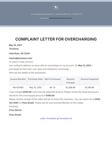 Free Complaint Letter for Overcharging Template to Edit Online