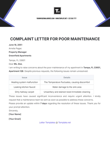 Free Complaint Letter for Poor Maintenance Template to Edit Online