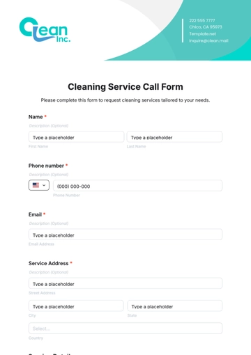 Free Cleaning Service Call Form Template to Edit Online