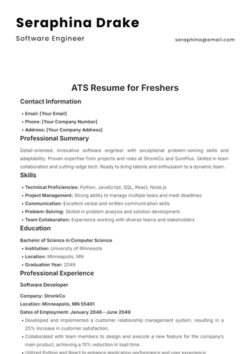 Free ATS Resume Template for Freshers to Edit Online
