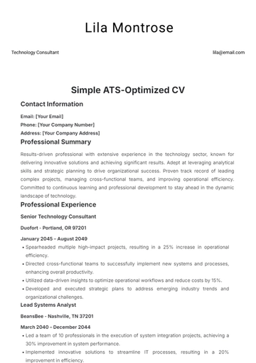 Free Simple ATS-Optimized CV Template to Edit Online