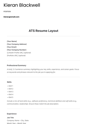 Free ATS Resume Layout Template to Edit Online