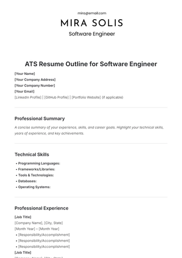Free ATS Resume Outline for Software Engineer Template to Edit Online