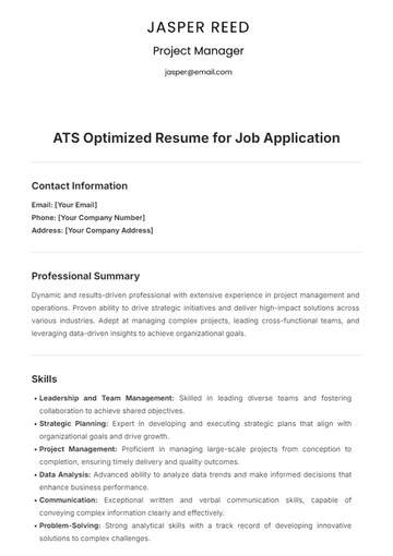 Free ATS Optimized Resume for Job Application Template to Edit Online