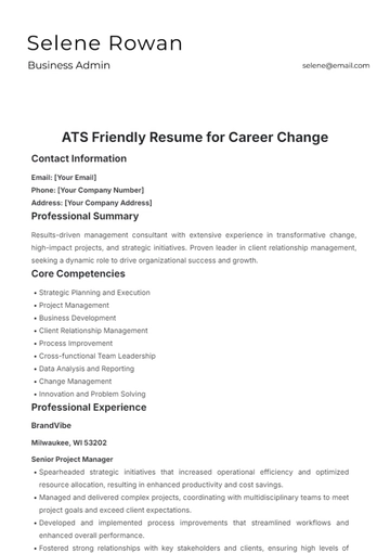 Free ATS Friendly Resume for Career Change Template to Edit Online