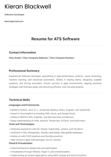 Free Resume for ATS Software Template to Edit Online