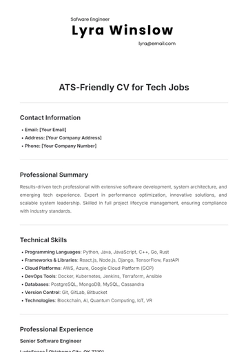 Free ATS-Friendly CV for Tech Jobs Template to Edit Online
