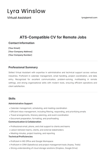 Free ATS-Compatible CV for Remote Jobs Template to Edit Online