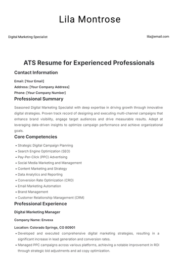 Free ATS Resume Template for Experienced Professionals to Edit Online