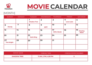 Free Movie Theater Calendar Template to Edit Online