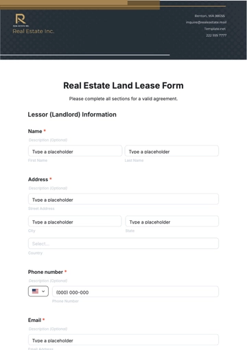 Free Real Estate Land Lease Form Template to Edit Online