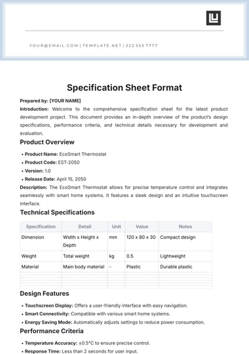 Free Specification Sheet Format Template to Edit Online