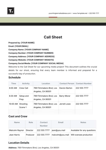 Free Call Sheet Template to Edit Online