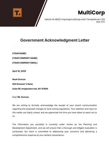 Free Government Acknowledgment Letter Template to Edit Online