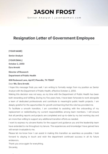 Free Resignation Letter of Government Employee Template to Edit Online