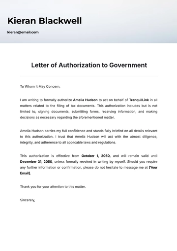 Free Letter of Authorization to Government Template to Edit Online
