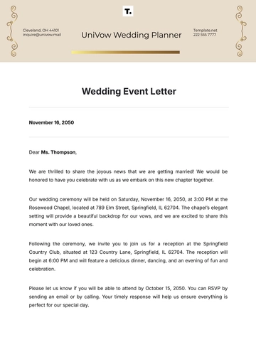 Free Wedding Event Letter Template to Edit Online