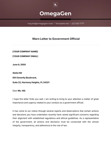 Free Warn Letter to Government Official Template to Edit Online