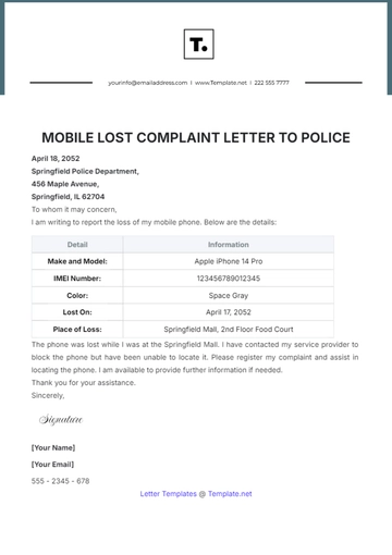 Free Mobile Lost Complaint Letter to Police Template to Edit Online