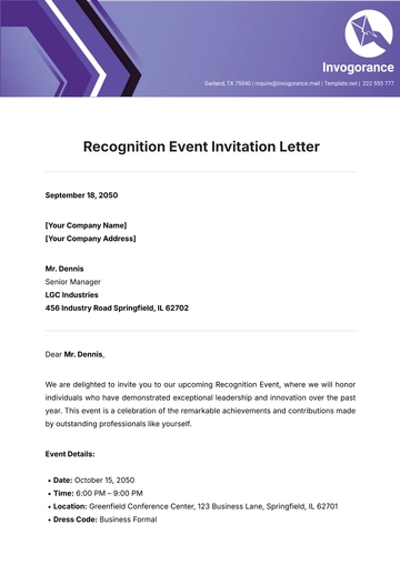 Free Recognition Event Invitation Letter Template to Edit Online